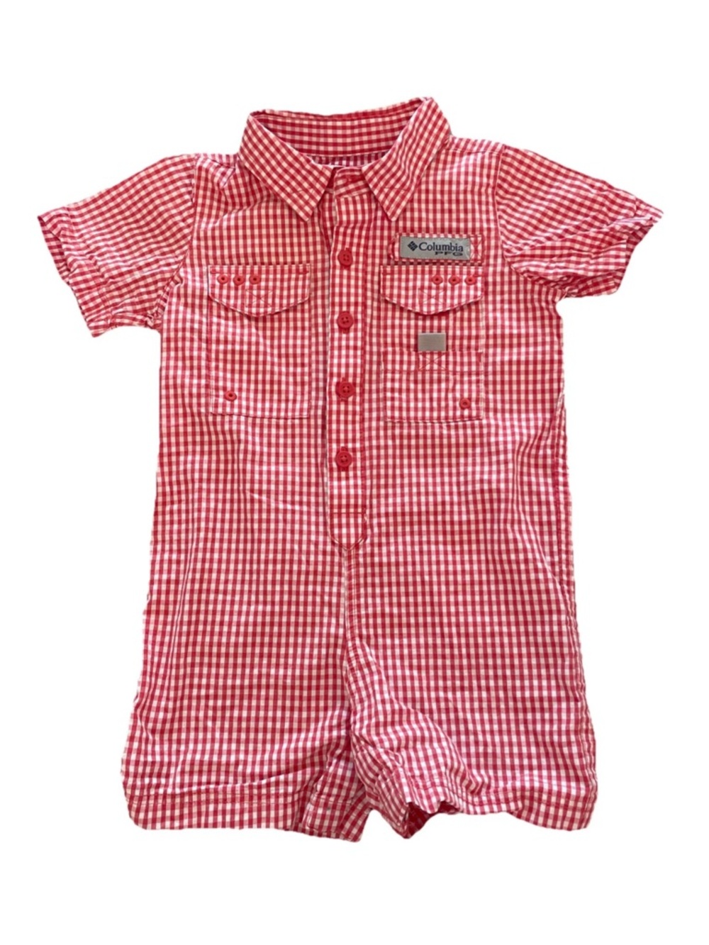 Columbia PFG Boys 12-18m One Piece Romper Coral White Gingham Fishing Outfit